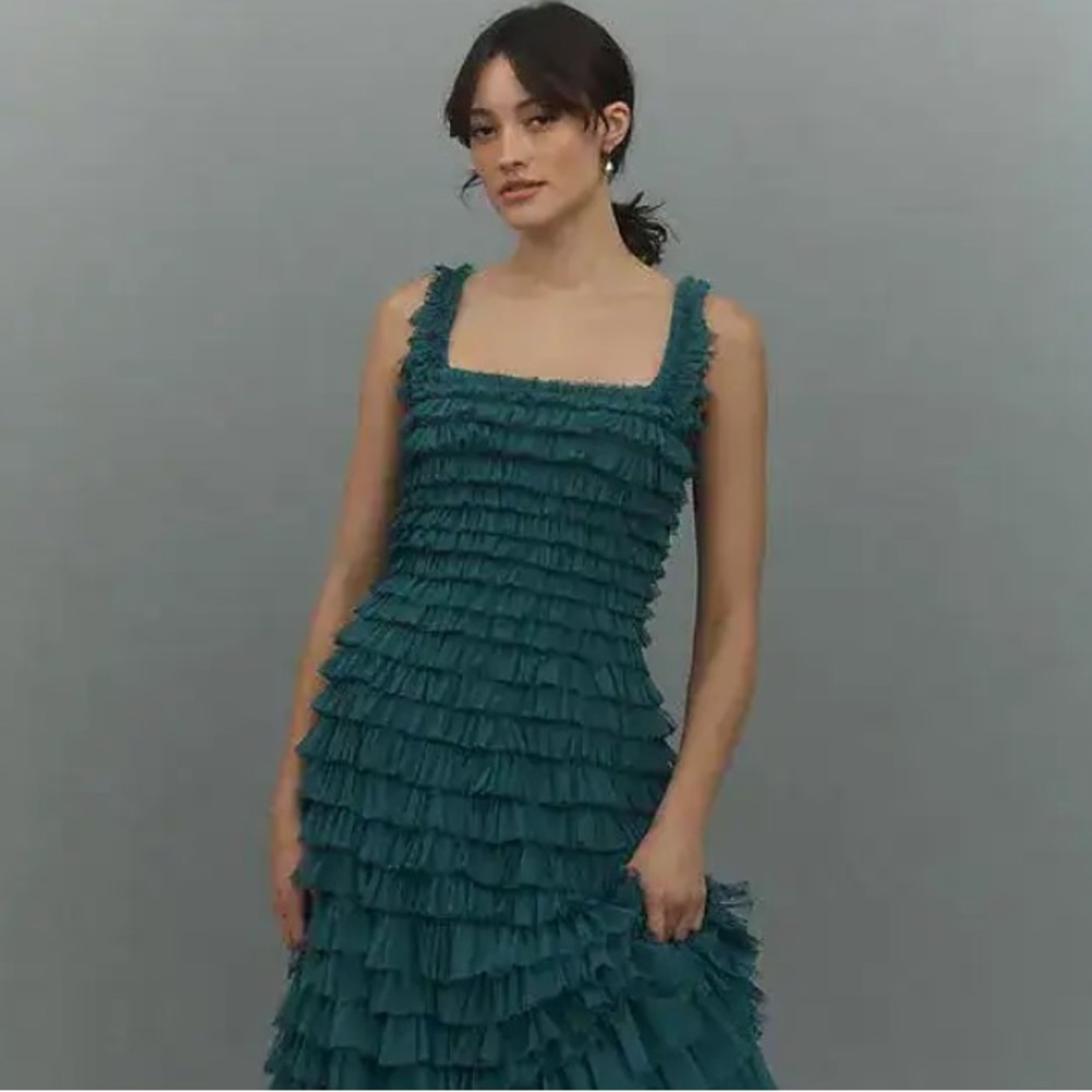 Mac Duggal Square-Neck Ruffled Tiered Tulle Formal Ball Gown Teal Green Size 10 - Picture 5 of 15